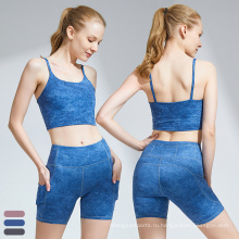 Высококачественная настраиваемая тренировочная одежда Cami и Shorts Fitness Set Women Printed Yoga Gear с карманом